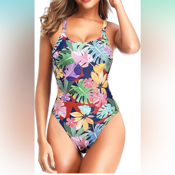 Tempt Me Cut Out Side Detailing Colourful Leaves One Piece Swimsuit Size M NWT - Picture 1 of 11